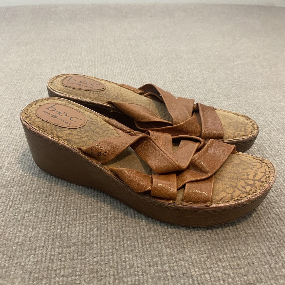 B.o.c. Sandals Womens Size 10 Brown Leather Strappy Slide Wedge Platform Comfort